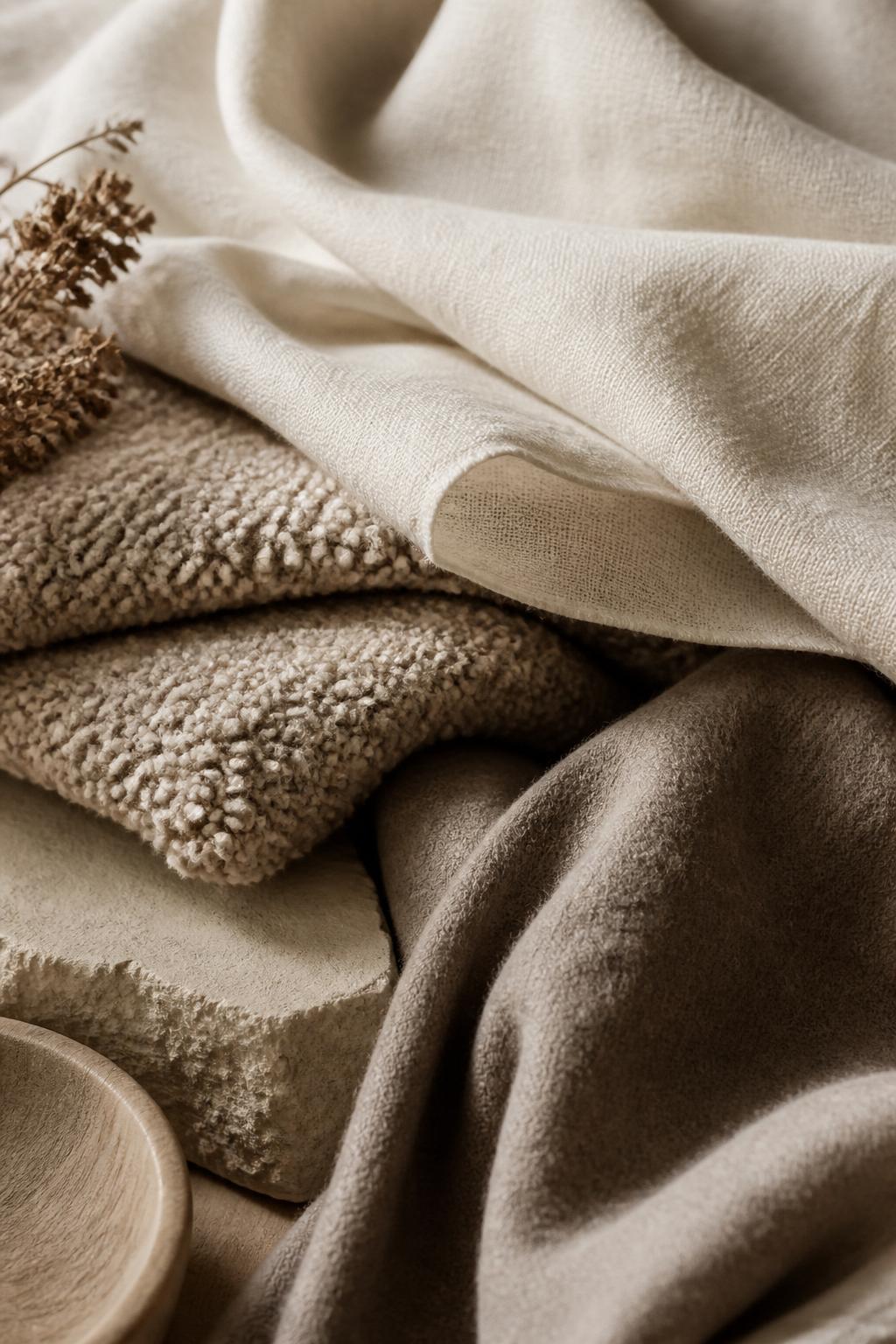 Layered ivory linen, sand bouclé, and taupe wool textiles